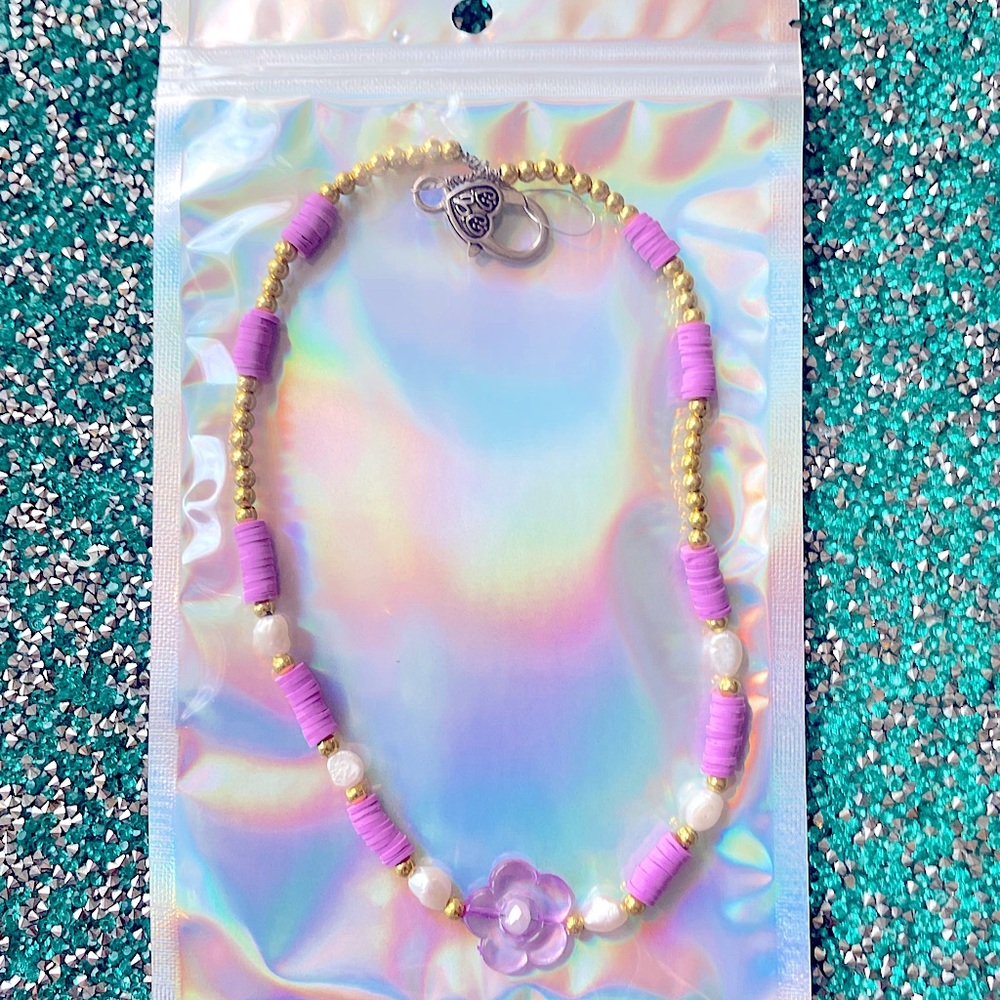 Purple flower pearl gold beaded necklace